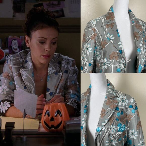 Rare Floral Silk Jacket ASO Phoebe Halliwell Charmed Gray Blue Flower Medium - Picture 3 of 11